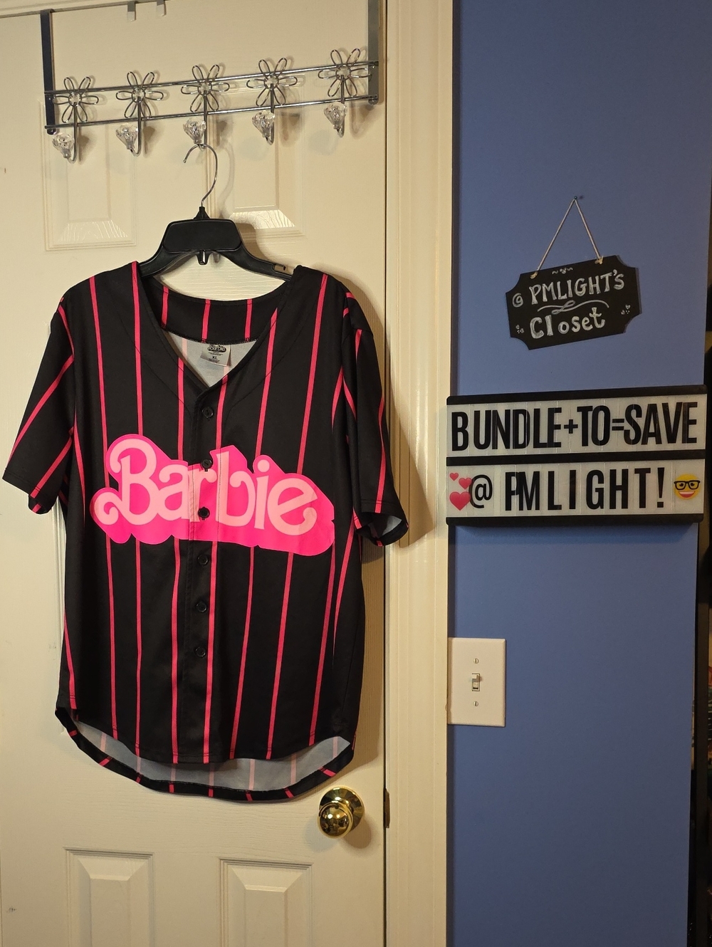 Barbie Black Baseball Tee with Hot Pink Pinstripes and Logo XL